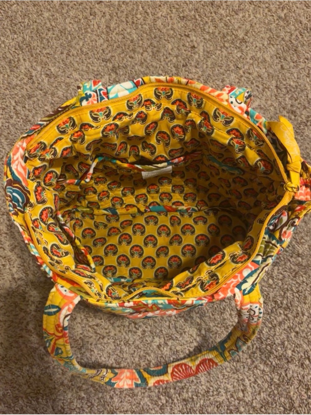 Vera Bradley Yellow Floral Quilted Tote with Teal, Red, Pink and Brown Accents - Picture 4 of 5